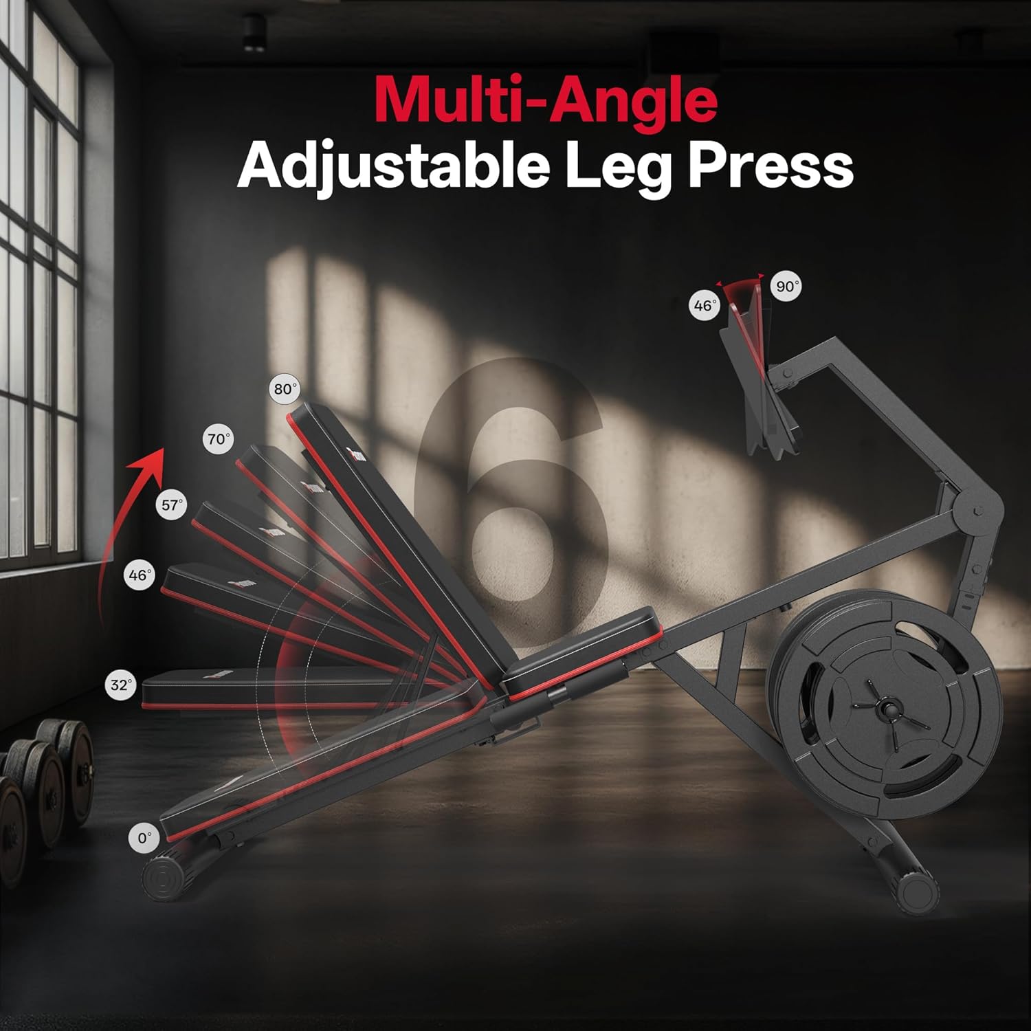 Image showing the multi-angle adjustable leg press with backrest angles from 0 to 90 degrees.