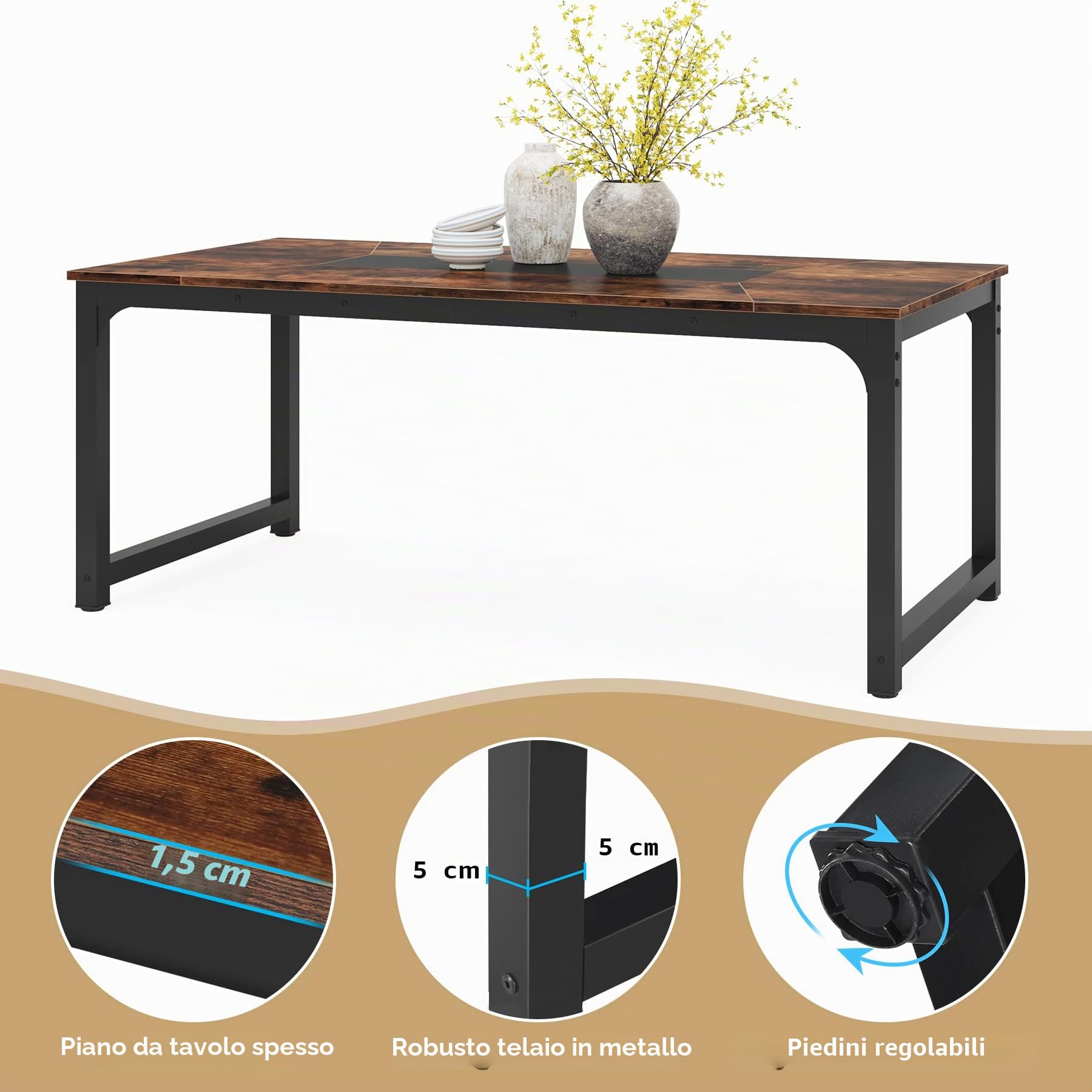 Tribesigns Tavolo da Pranzo Industriale per 6-8 persone, 180 x 90 x 77 cm, Tavolo da Pranzo Rettangolare per sala da pranzo, cucina, soggiorno, con Gambe in Metallo Resistente, Marrone Rustico
