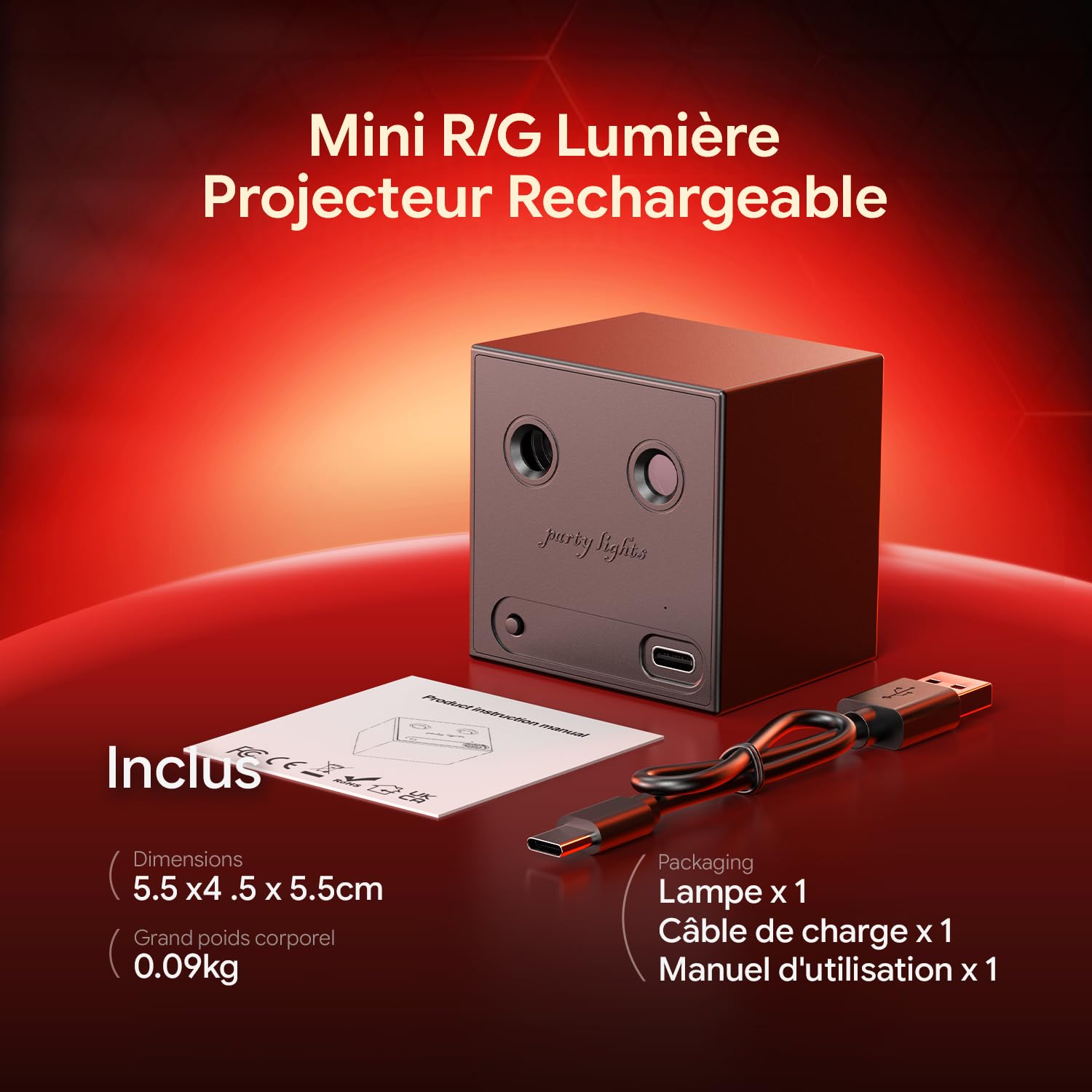 2PCS Mini Lampe de Scène Batterie, R/G Lumière Disco avec 64 Effets Lumineux Dynamiques et Son Activé, Rechargeable par Type-C, Jeux de Lumiere pour Soirées Anniversaire Noël Mariage