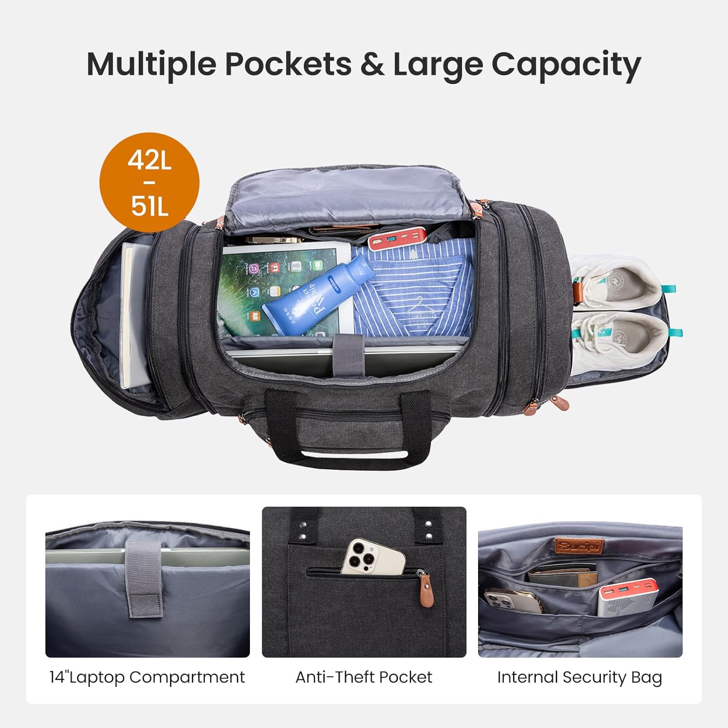 Sucipi Canvas Travel Duffel Bag for Men, Weekend Overnight Bag with Shoe Compartment and Toiletry Bag, Carry-On for Airplanes, Dark Grey - Image 5