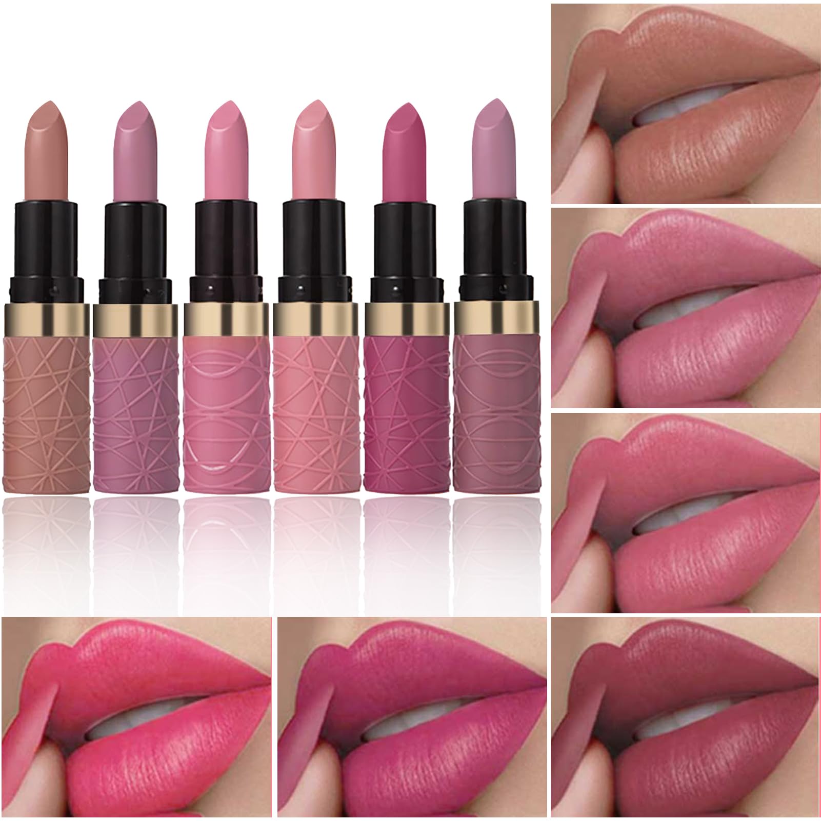 6Pcs Matte Lipstick Set, Brown Nude Pink Purple Rose Red Matte Lipstick 0.02 Ounce (Pack of 6) Matte Lipstick (Set A)