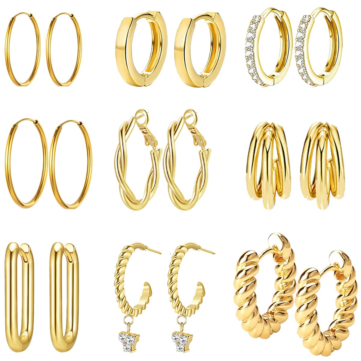 SPINEXGold Hoop Earrings for Women 9 Pairs Hypoallergenic Open Chunky Dangle Huggie Hoop Earring Set with CZ Diamond for Birthday Party Christmas Jewelry Gift