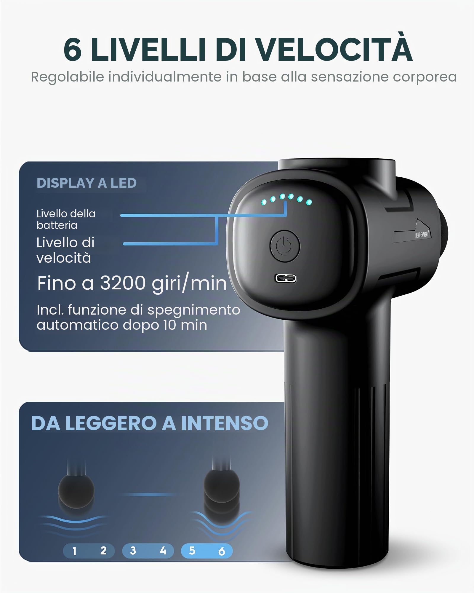 Heldenwerk Pistola per massaggio incl. 6 testine massaggianti e 3200 giri/min muscolare con connessione USBC Massaggiatore