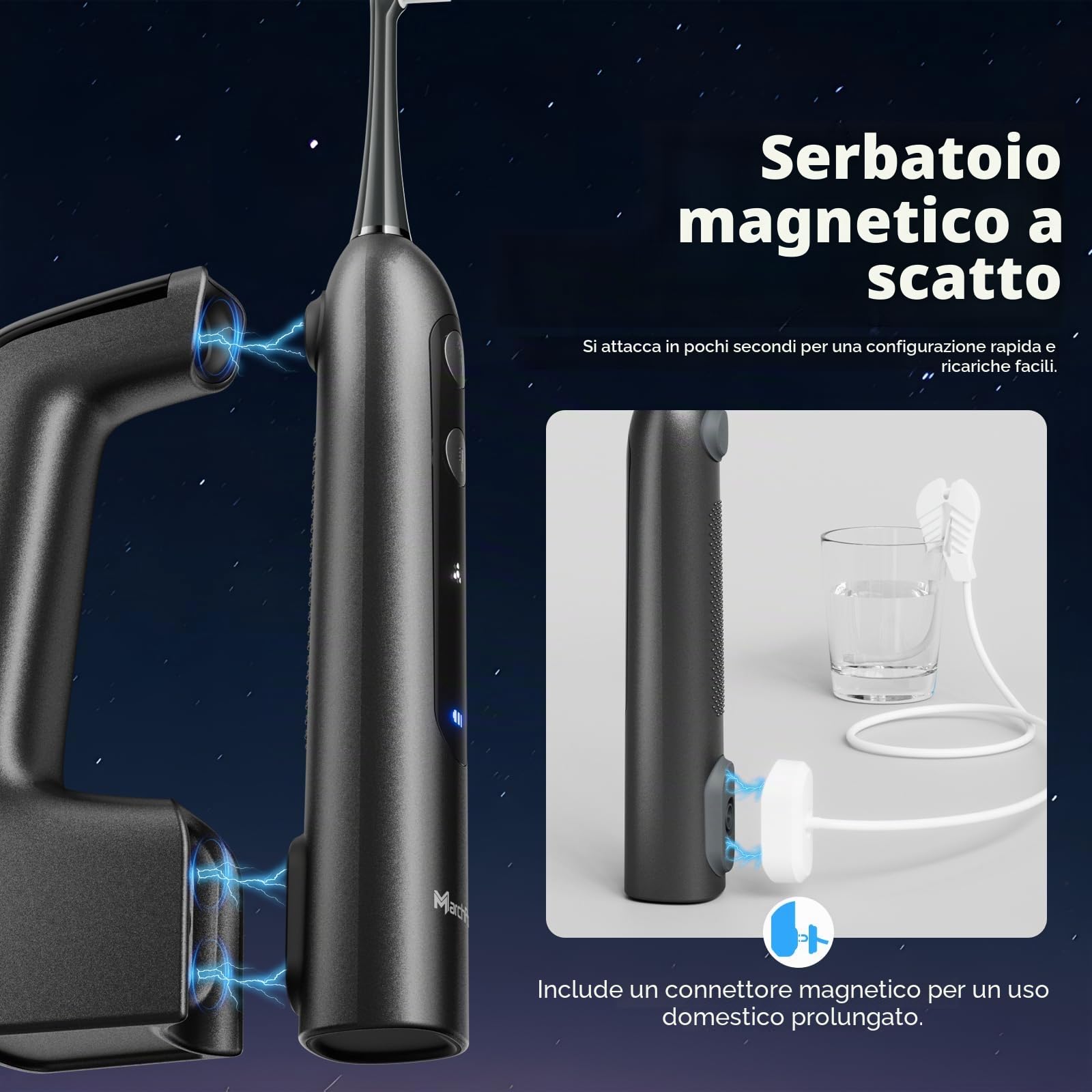 Marchpower 3-in-1 Spazzolino Elettrico e Idropulsore con Oscillazione a 46°, 3+4 Modalità, IPX7 Spazzolino Elettrico Professionale con Serbatoio Magnetico da 155 ml, 2 Testine di Ricambio, Grigio