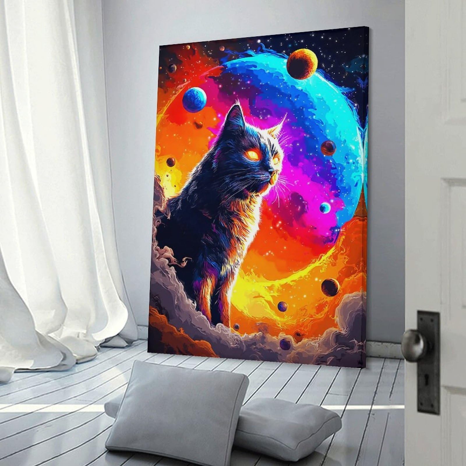 Junmoney Frame-Galactic Cat Dreamscape -2 Canvas Wall Art Galactic Cat Dreamscape -2, 20X30inch(50X75cm), For Gallery Wall Decor And Room Displays, Decorative Artwork With Flexible Styling