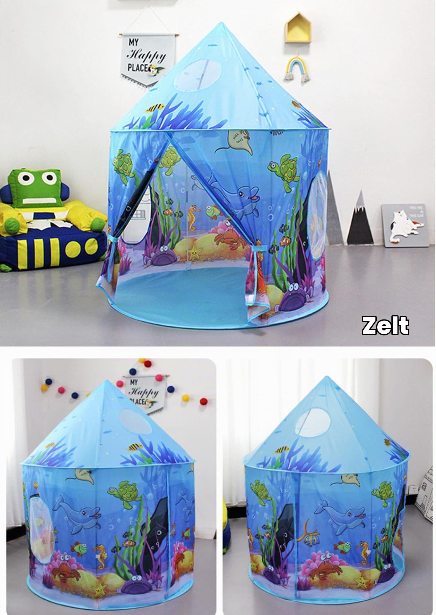 3 in 1 spielzelt mit Tunnel, kinderzelt mit Tunnel,Blue Ocean Kinderzelt,krabbeltunnel mit Zelt, großes Gartenspielhauszelt,Mädchen drinnen und draußen