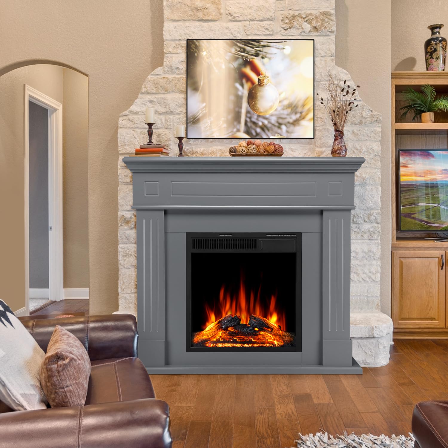 43” Electric Fireplace Mantel Freestanding Electric Fireplace, Remote Control, Adjustable Led Flame, 750W/1500W Grey