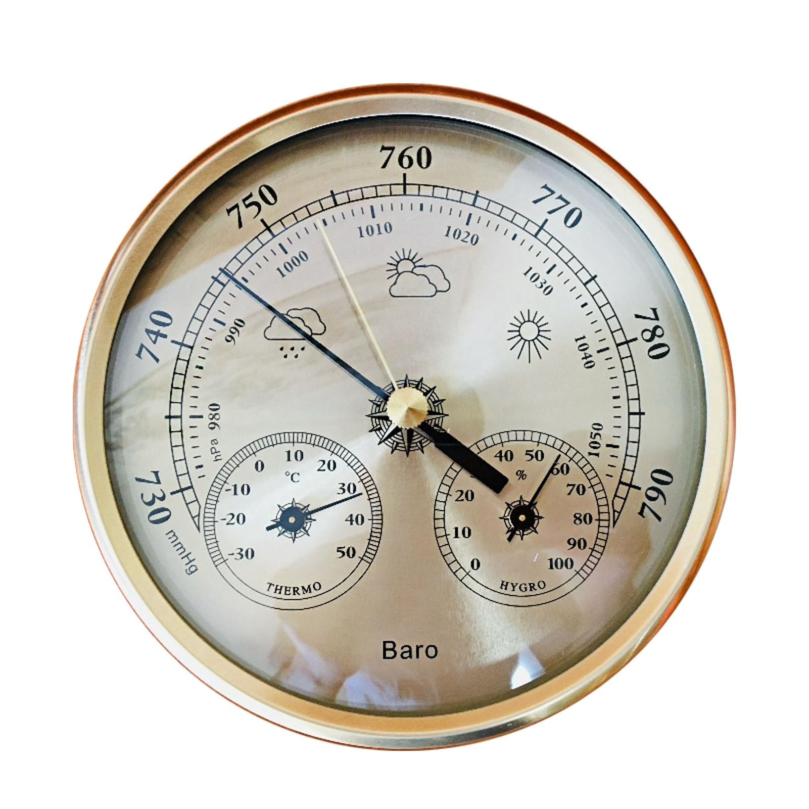 Stazione Meteorologica Barometrica 3 in 1, Misuratore di Temperatura Igrometro in Lega di Alluminio con Quadrante Dorato, Sospensione a Parete da 5,12 Pollici per Ufficio Domestico