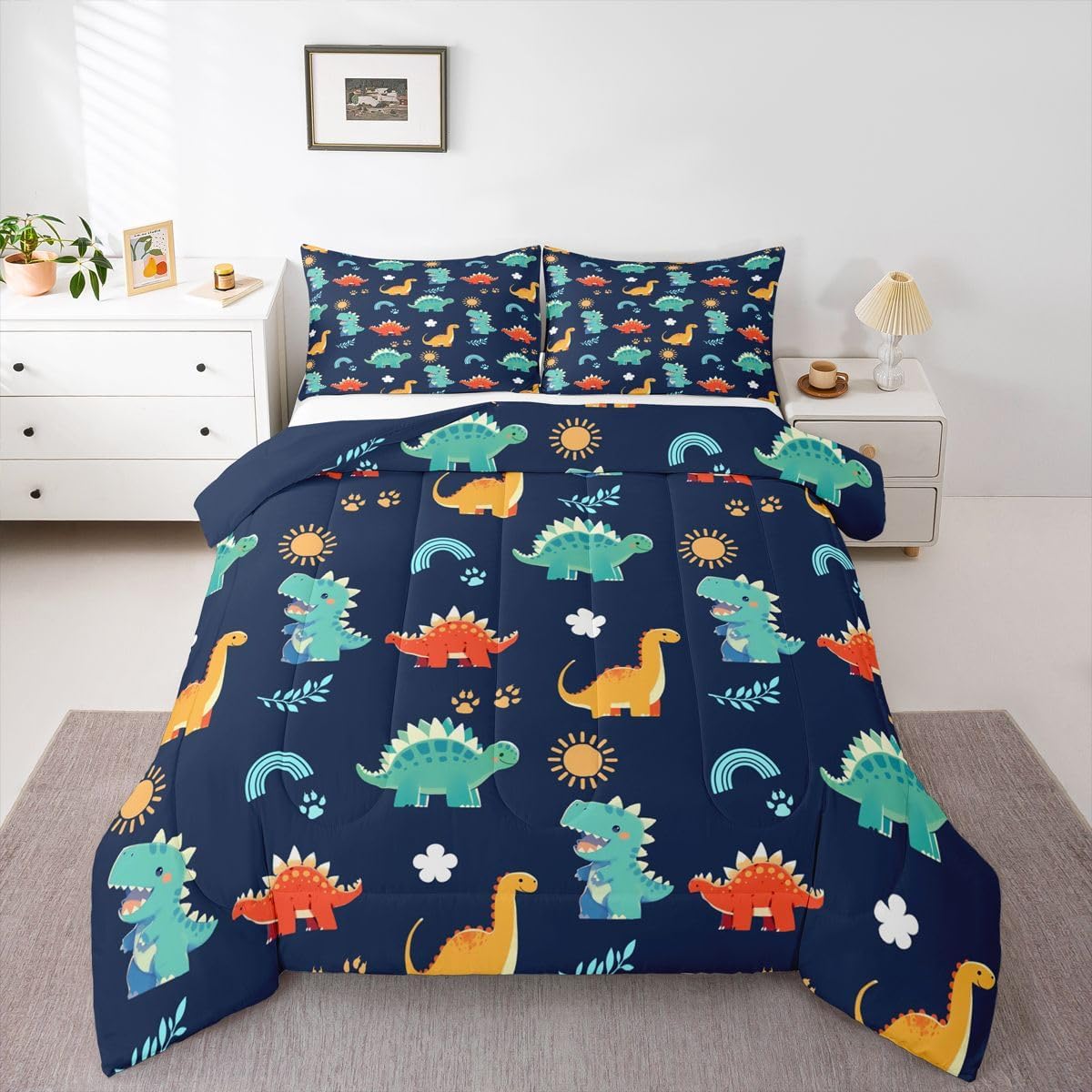 Feelyou Cute Dinosaur Comforter Set All Season Cartoon Dinosaur Bedding Set with 1 Pillow Cases Wild Animal Kids Twin Bedclothes Rainbow Duvet Quilt Breathable Soft Lightweight