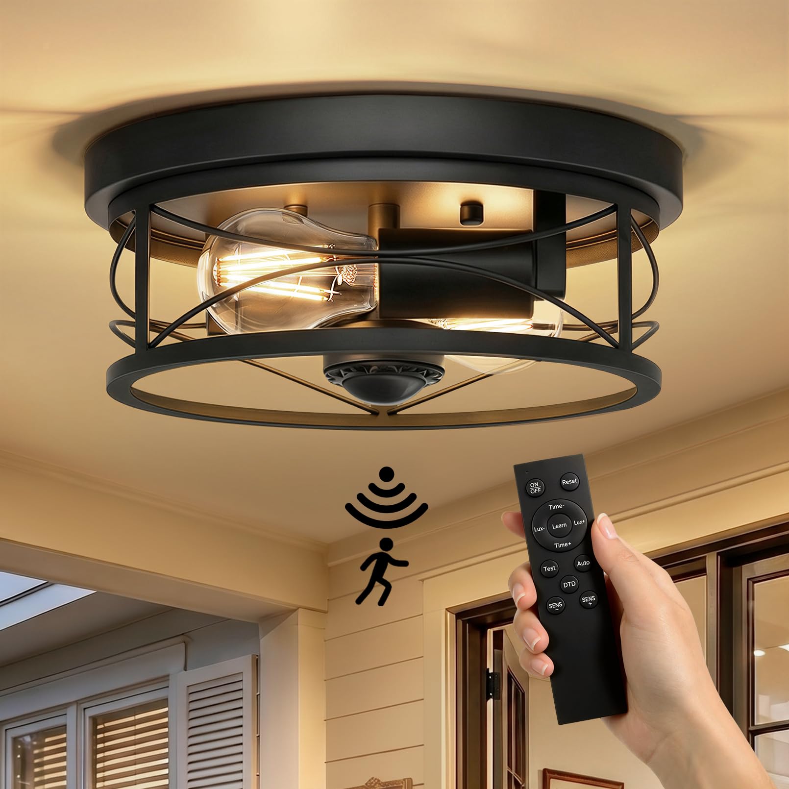 Photo 1 of OYKYOHEI Motion Sensor Outdoor Ceiling Light, 2-Light Flush Mount Black Porch Light, 10in Dusk to Dawn Flush Mount Ceiling Fixture with 360° PIR Detection for Patio Hallway Driveway Garage Exterior