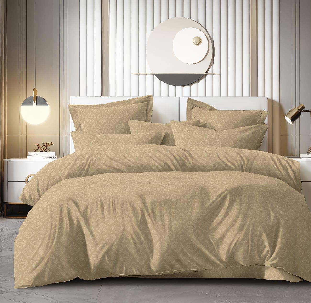 Premium Cotton Bedsheet with 2 Pillow Covers, Royal Beige Damask Pattern, Soft & Breathable Double Bed Bedsheet, Elegant Luxury Bedsheet for Bedroom.-image-16