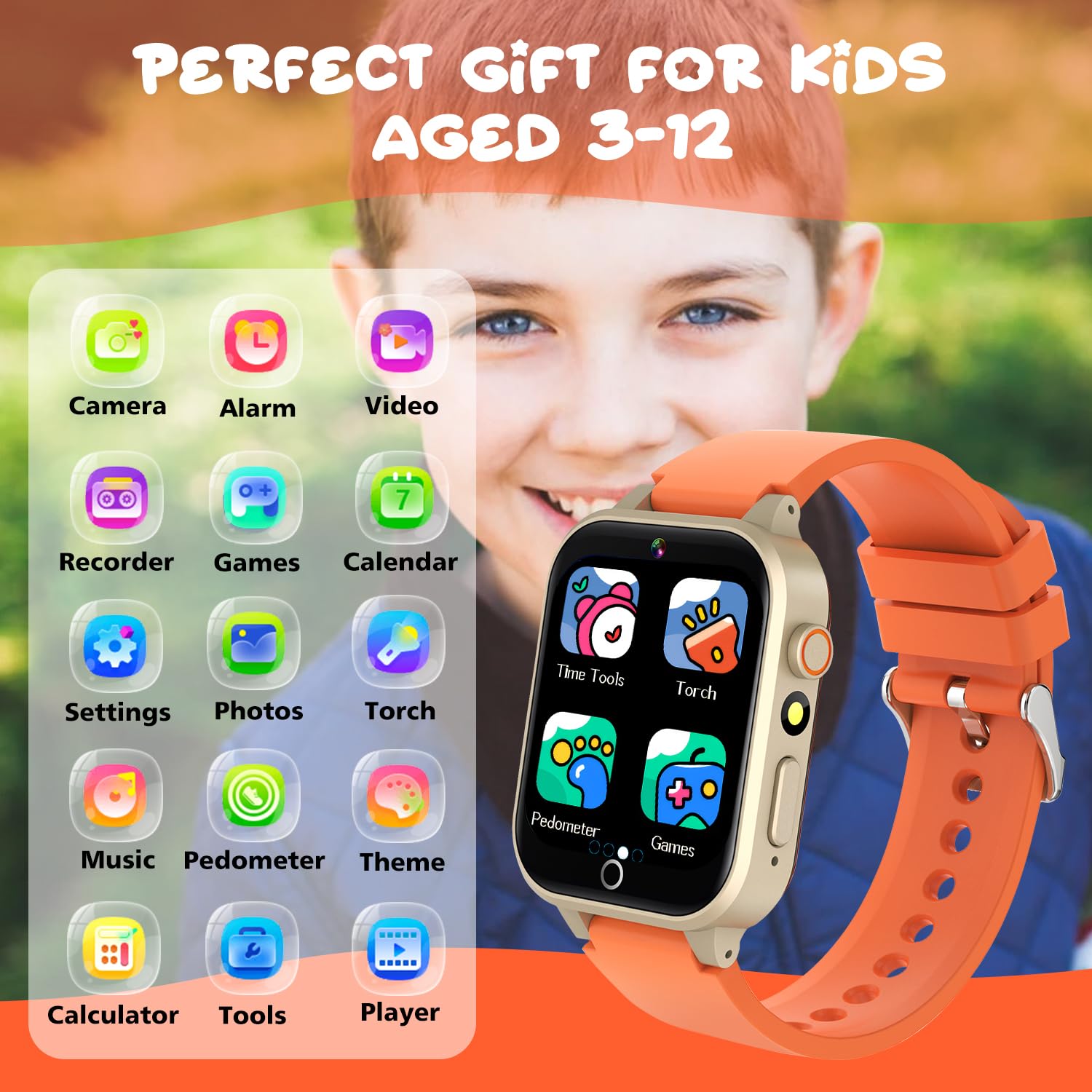 aswan watch Montre Enfant, Jouet Enfant, Montre Connectée Enfant - 26 Jeux, Caméra, Vidéo, Apprendre l'heure, Cadeau pour Fille Garçon, 04 Orange