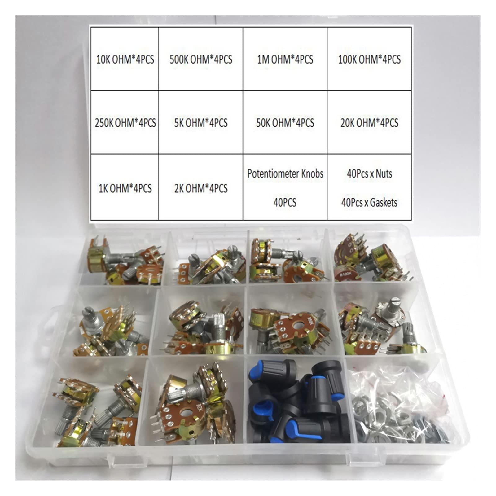 Potentiometer 160pcs Wh148 15MM Dual Gang Stereo 6pin Potentiometer kit 1k 2K 5k 10k 20k 50k 100k 500k 1Mwith knobs Single Set Shaft Nuts