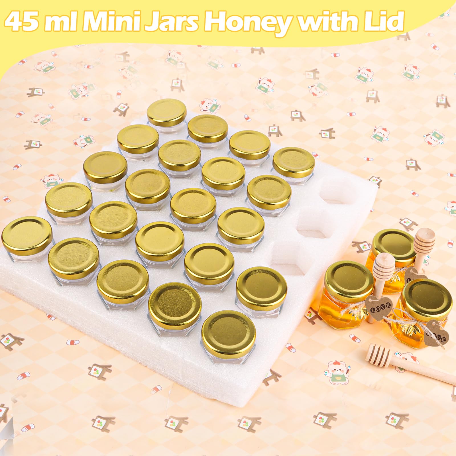 VFANDV Mini Vasetti per Miele Esagonali in Vetro, 25 Pezzi 45ml Piccoli Barattoli per Miele con Dippers di Legno, Ciondoli di Api, Biglietti di Ringraziamento