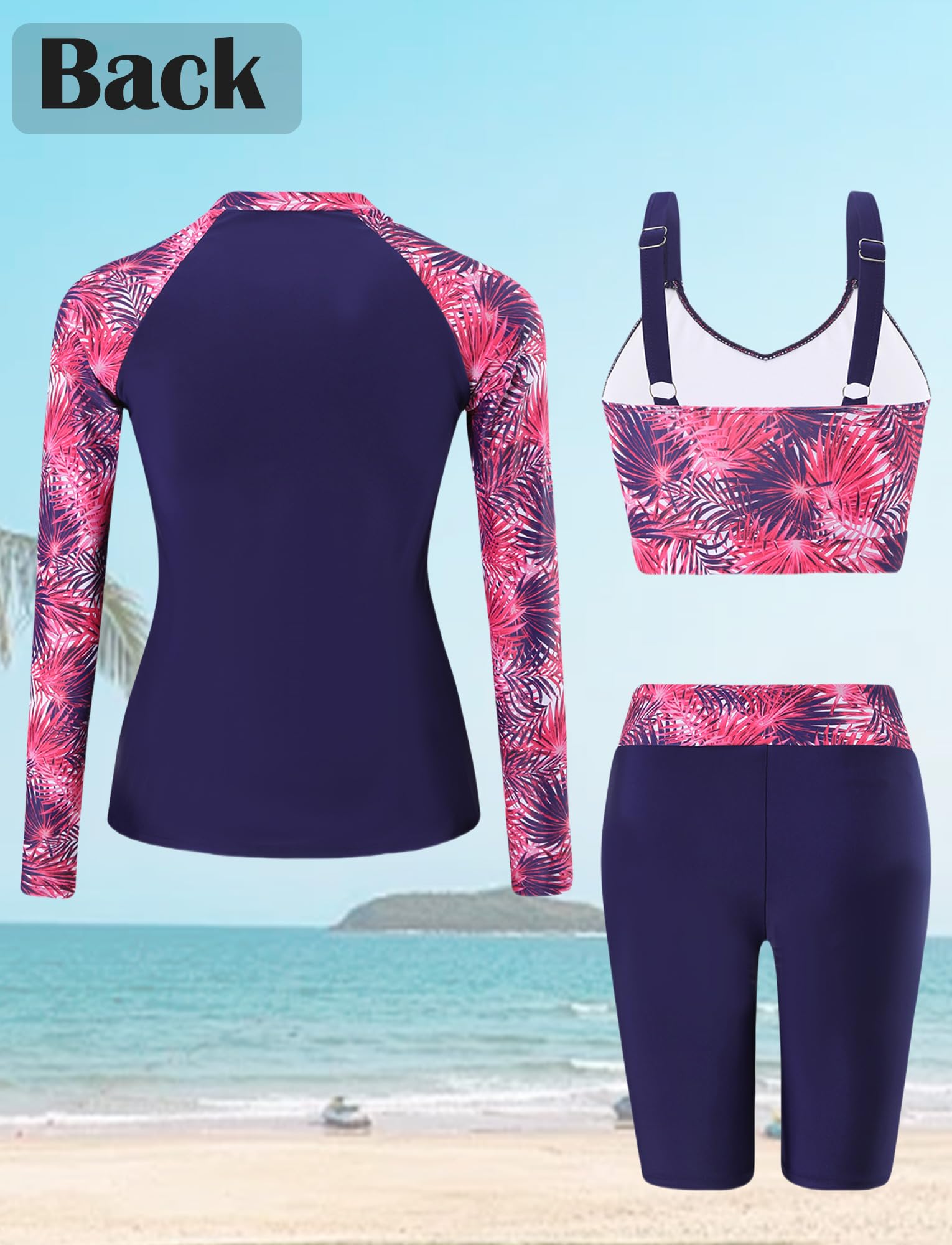Bañador de 3 piezas para mujer, protección solar, conjunto Rashguard de manga larga + pantalones cortos y tankini surf playa