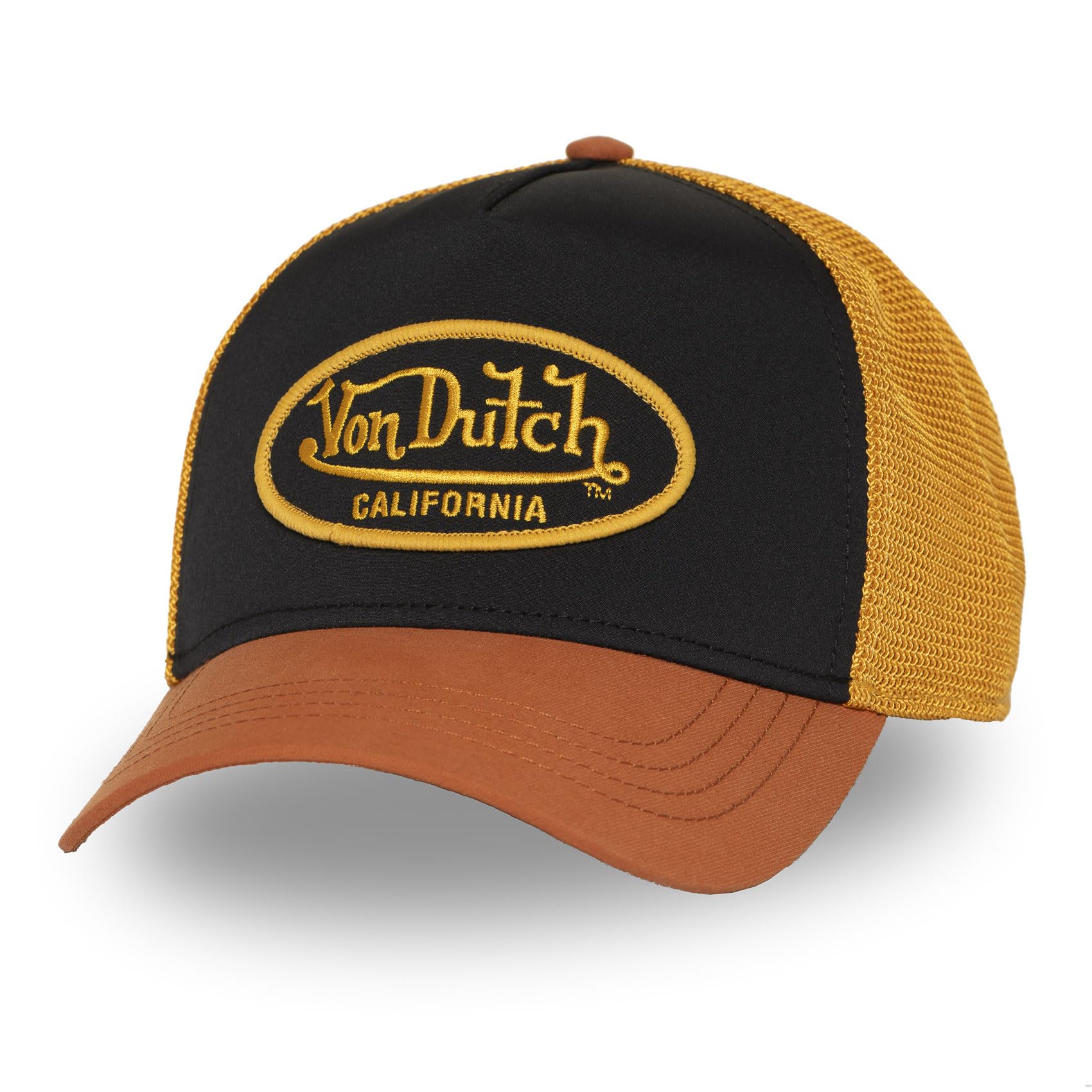 Von Dutch Mens Womens Trucker Cap Snapback Cap, Brown/Black/Yellow, One Size
