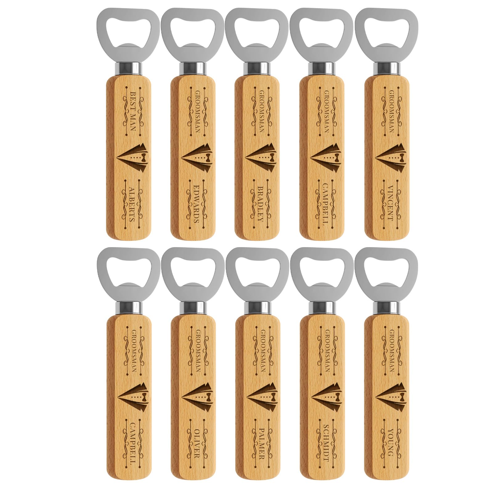 10 piezas de botellas de madera personalizado,regalo para padrinos de boda, despedida de soltero,regalos grabados para padre,abuelo,patrones y texto personalizados.Abrebotellas con mango de madera