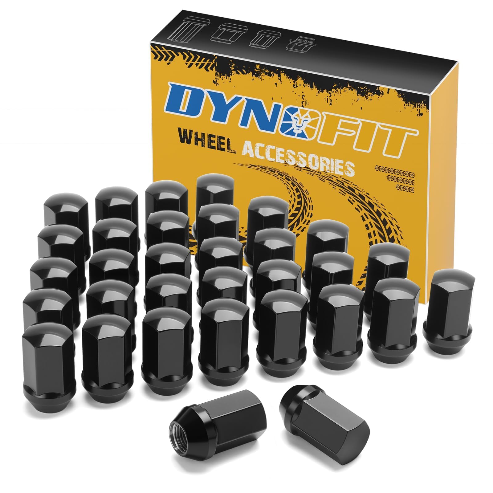 dynofit14x1.5 Lug Nuts Compatible with 2008+ Chevy Silverado GMC Sierra 2500 3500,32PCS 14mmx1.5 OEM Black Wheel Lug Nuts 1.75" H 7/8" Hex for 2012+ RAM 2500 3500,Replace OE 611-236|611-330