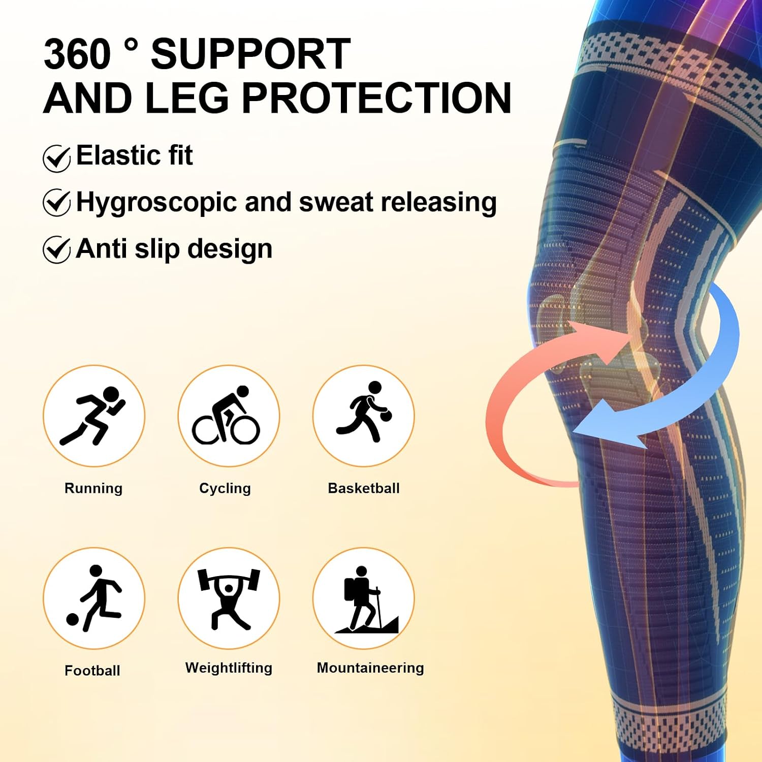 Long Copper Knee Braces for Women and Men Full Leg Compression Sleeves Anti Sliping Ventilation Long Knee Support with Wraps for ACJ, PCL, Meniscus Tear, Arthritis 2 Pack