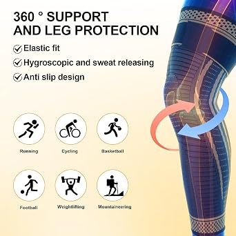 Copper Long Knee Braces for Women and Men Full Leg Compression Sleeves Anti Sliping Ventilation Long Knee Support with Wraps for ACJ, PCL, Meniscus Tear, Arthritis 2 Pack
