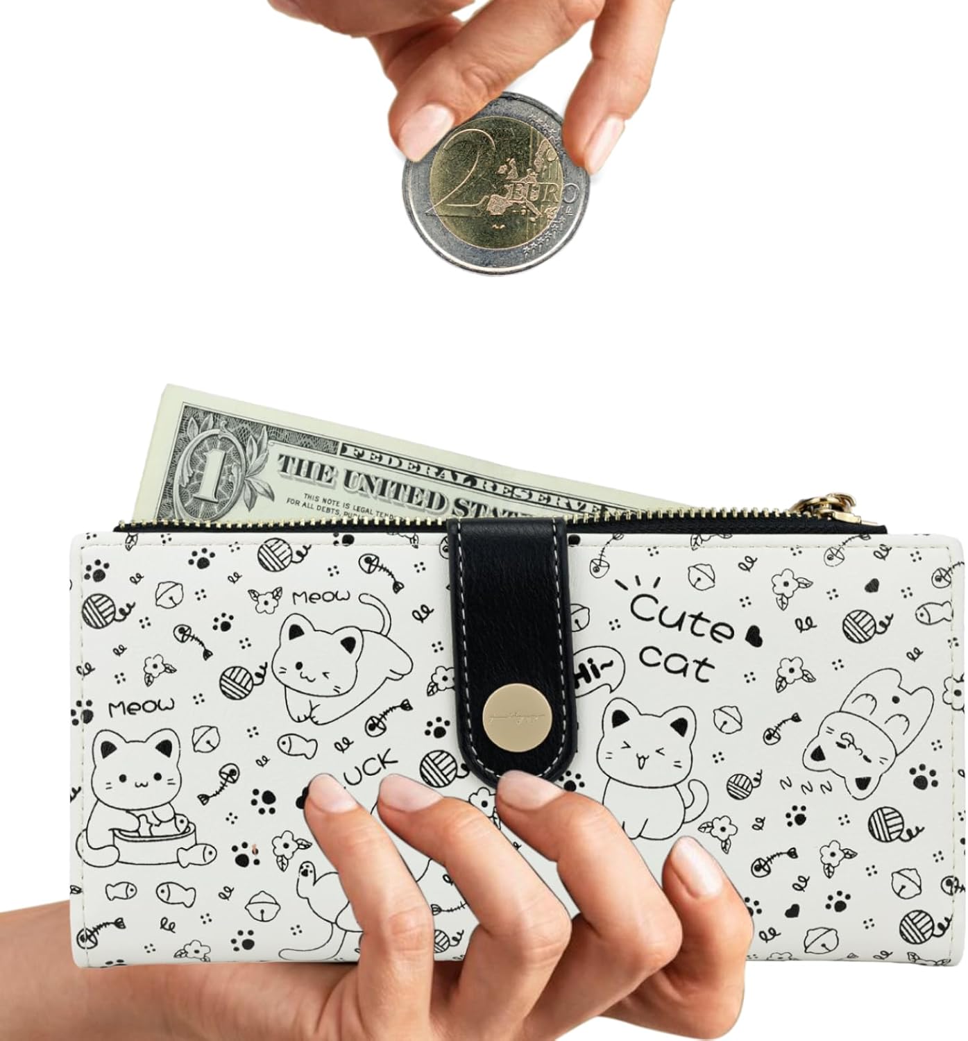 Black Cat Pattern Wallet for Women and Ladies Long Leather Coin Purse with Cute Kawaii Design Minimalist Credit Card Holder and ID Window Travel Cash Wallet for Ladies - Image 7