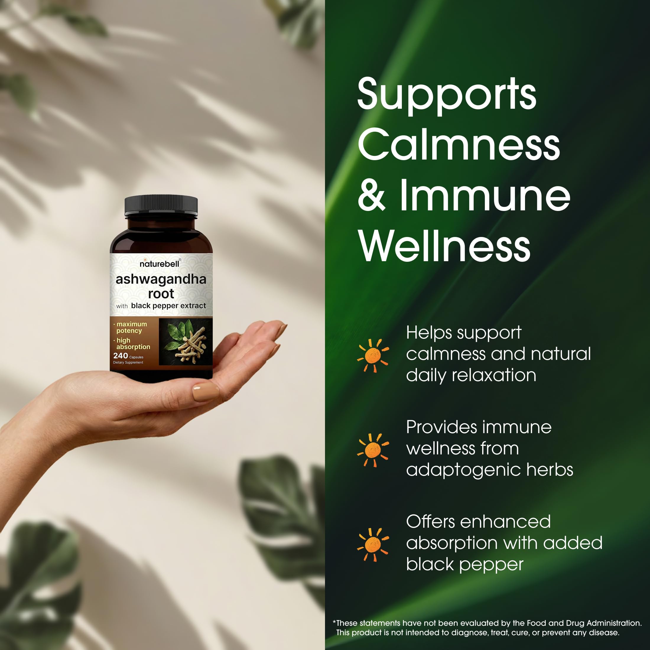 NatureBell Ashwagandha Root with Black Pepper Extract - 240 Capsules - High Strength Adaptogen for Calmness, Relaxation & Immune Support* — Amazon image 4