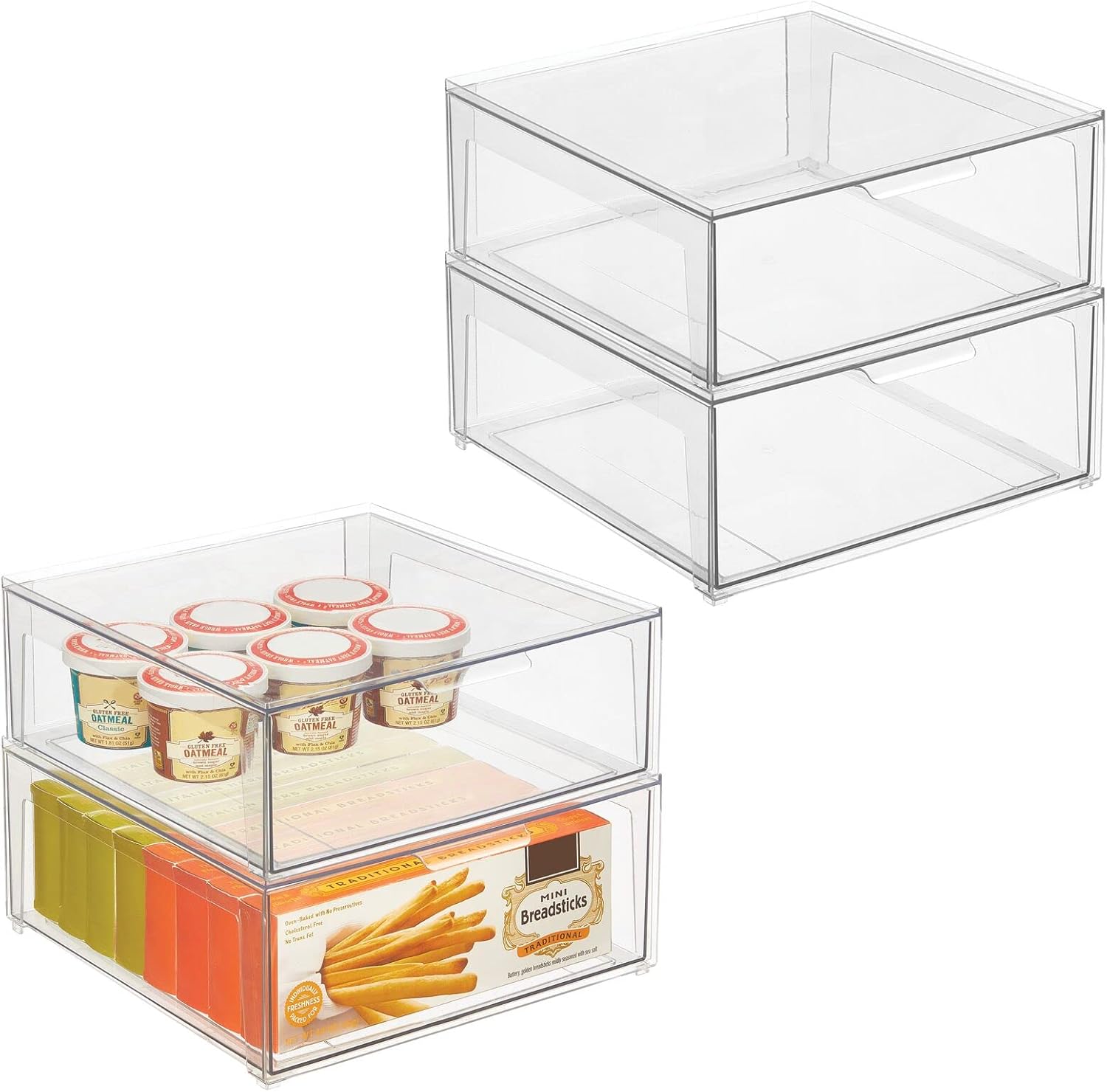 mDesign Plastic Stackable Kitchen Storage Organizer Bin Containers with Front Pull Drawer for Cabinet, Pantry, Fridge, Freezer, Shelf, Refrigerator Organization - Lumiere Collection - 4 Pack - Clear