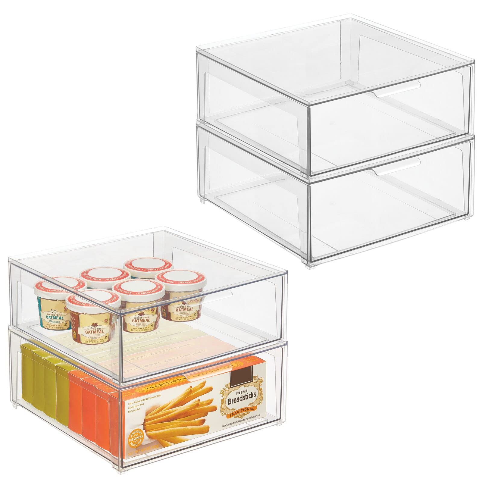 mDesign Plastic Stackable Kitchen Storage with Pull Out Bin Organizer Drawer for Cabinet, Pantry, Fridge, Shelf, Refrigerator Organization - Lumiere Collection - 4 Pack - Clear