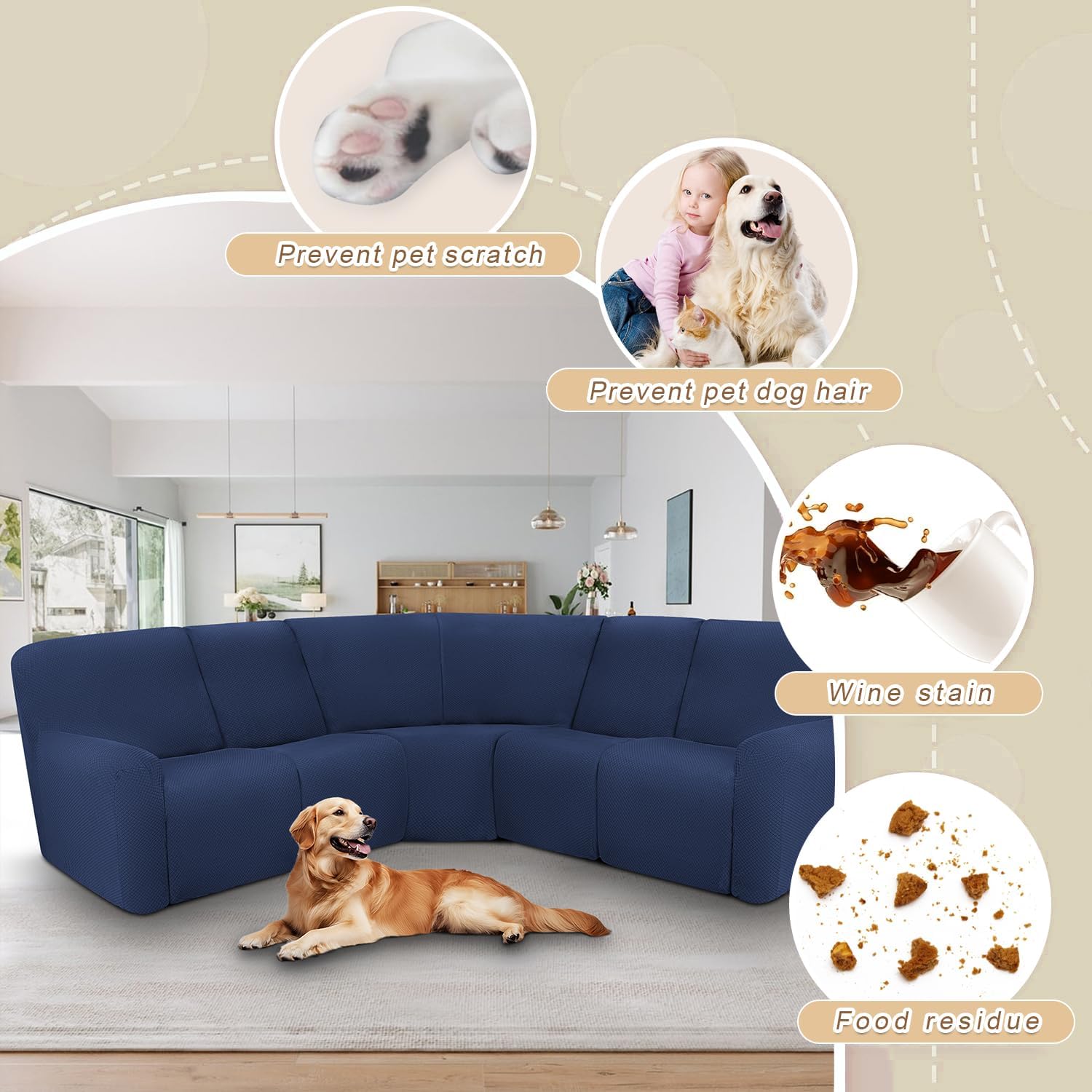 ALIECOM Waterproof Sectional Recliner Couch Covers for Reclining Sectional Stretch L Shaped Recliner Sofa Cover Washable Jacquard Corner Sofa Slipcovers Pet Dog Protector (5 Seat, Navy Blue)