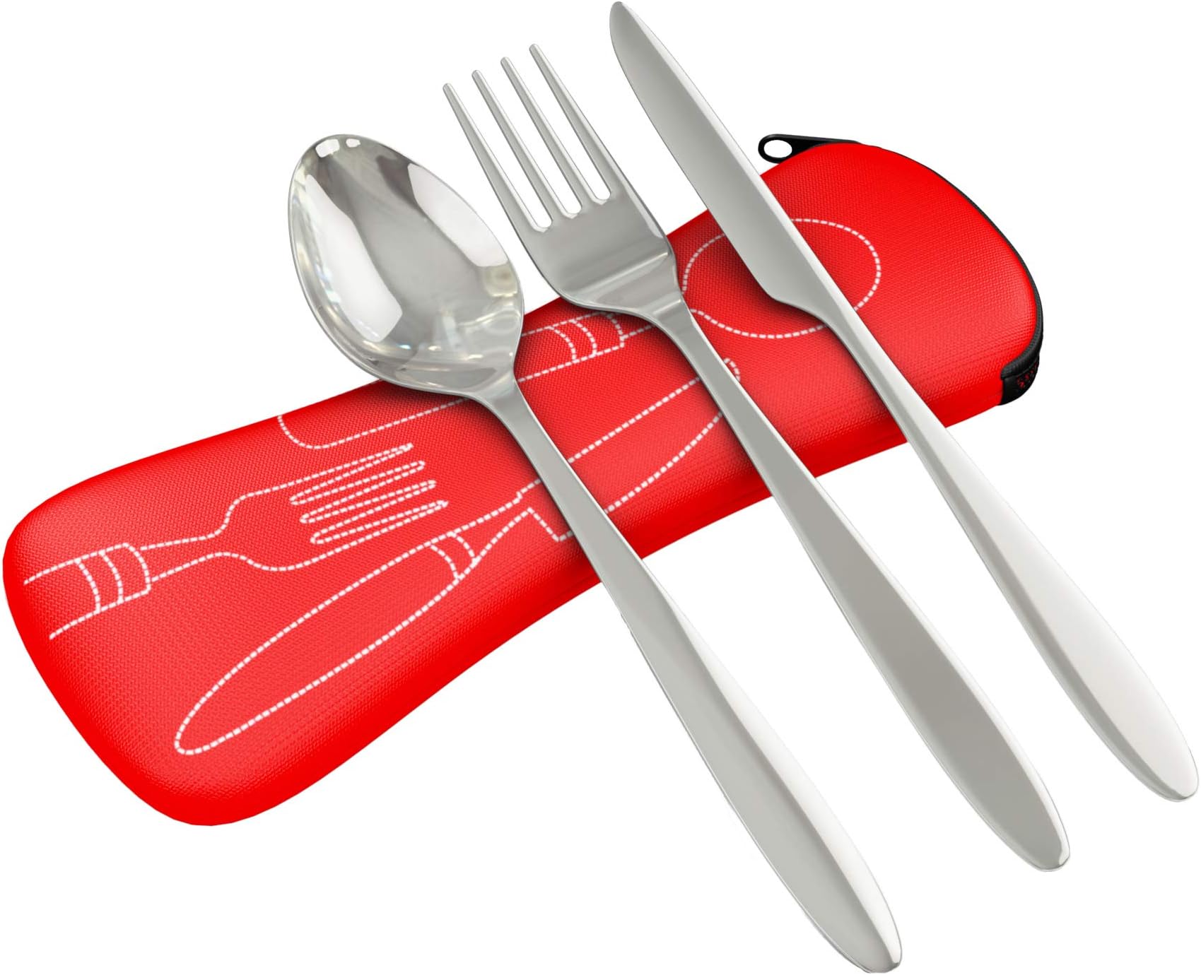 3 Piece Stainless Steel (Knife, Fork, Spoon) Lightweight, Travel/Camping Cutlery Set with Neoprene Case