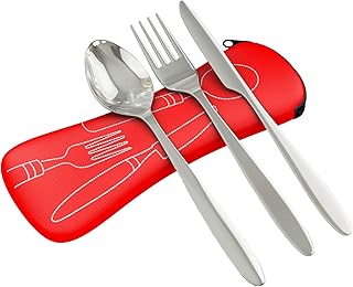 Reusable Travel Utensils with Case | Fork and Spoon Set with Knife and Optional Straws Great Office, Travel, or Camping Accessories | Lightweight, Sturdy Utensils
