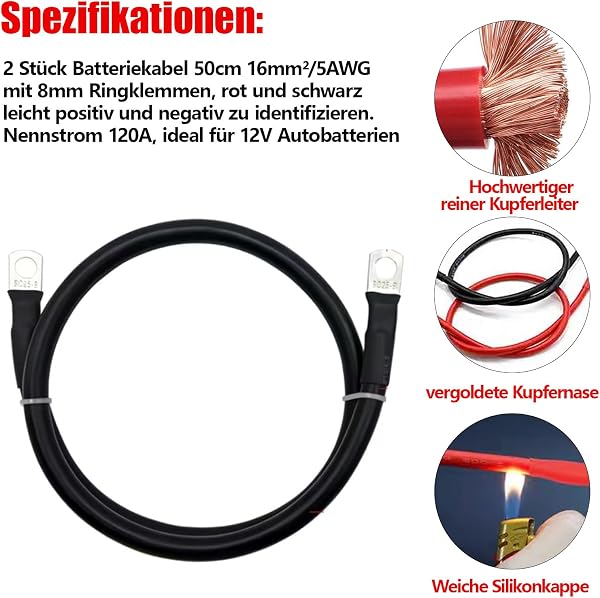 WANGYZJ 2 STK 5 AWG Batteriekabel Aus Reinem Kupfer, Batterie Kabel Mit M8 Ringklemmen, 16mm² Auto Batterie Kabel Für LKW Motorrad Solar Marine Schwarz Rot (Länge: 50 cm) - 3