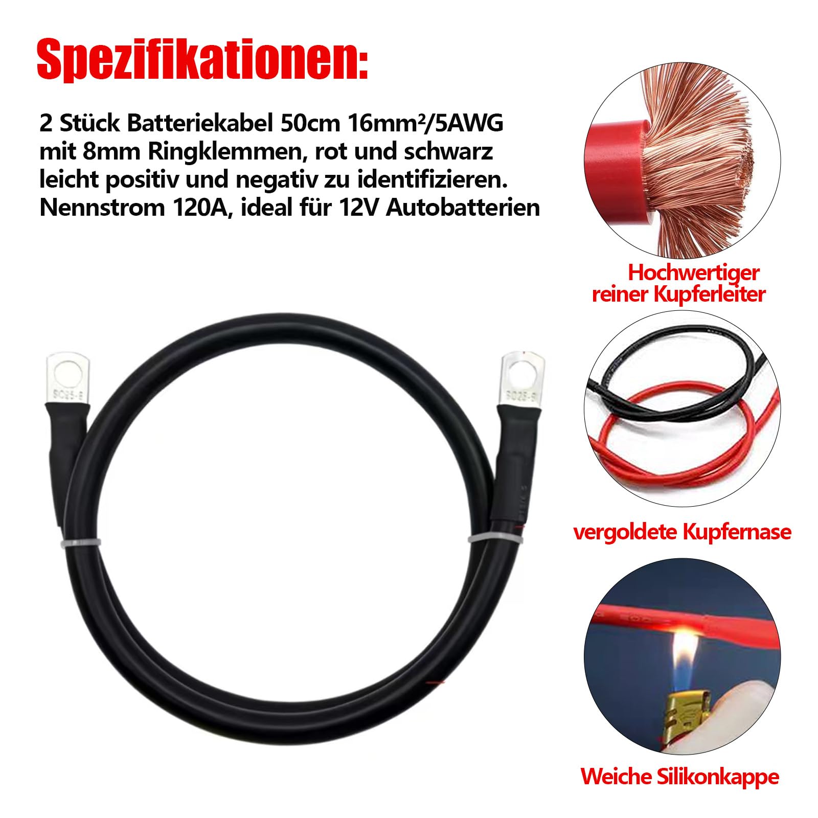 WANGYZJ 2 STK 5 AWG Batteriekabel Aus Reinem Kupfer, Batterie Kabel Mit M8 Ringklemmen, 16mm² Auto Batterie Kabel Für LKW Motorrad Solar Marine Schwarz Rot (Länge: 50 cm) - 4