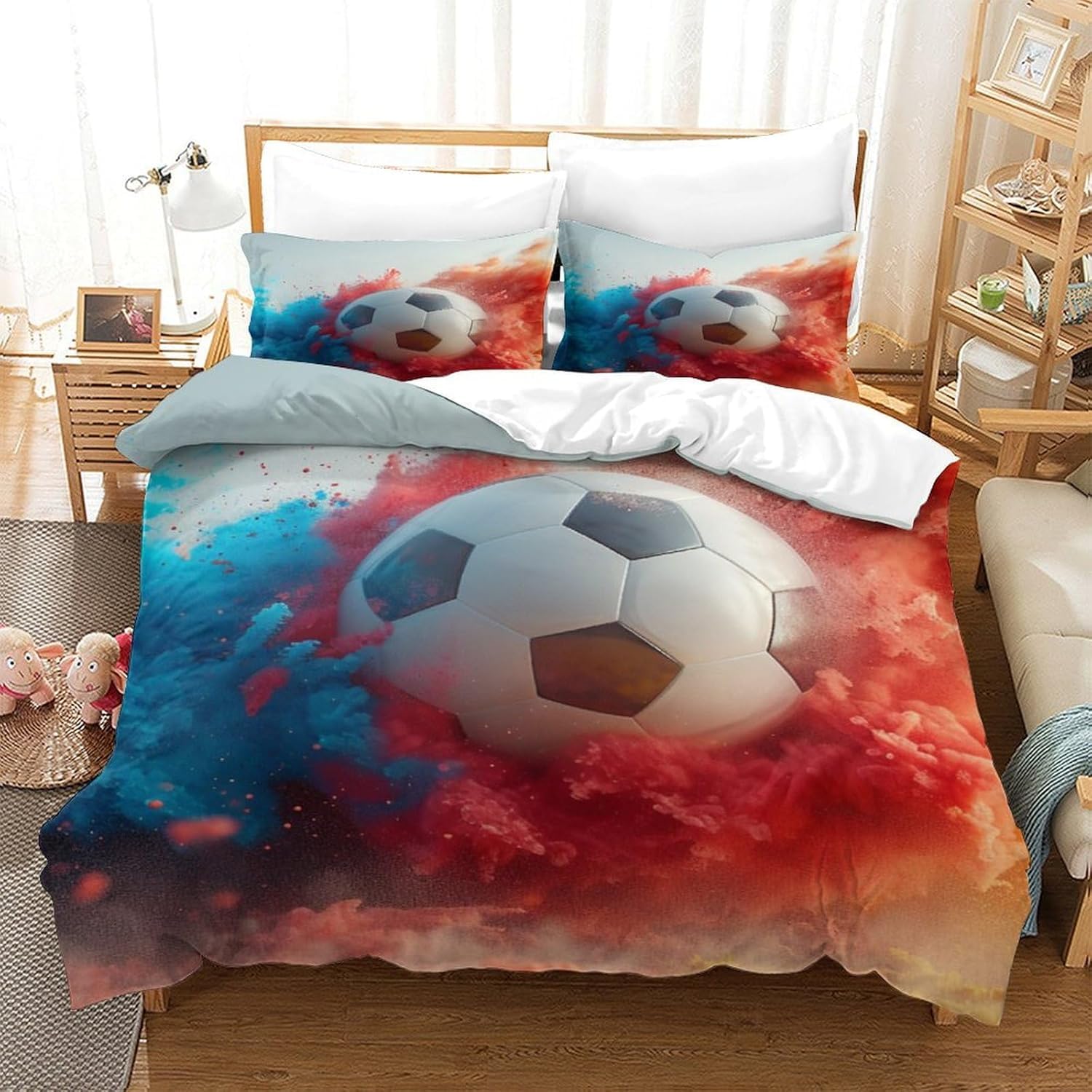 Housse de couette 200x200 football anti-allergie en microfibre douce pour lit 1-2 personnes