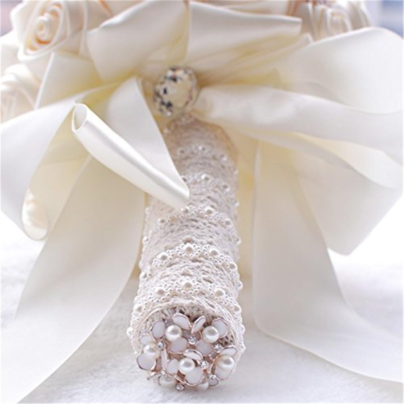 Fouriding Wedding Diamond Pearl Satin Roses Bridesmaid Bridal Artificial Bouquets Customization Bride Holding Bouquet for Photo Shooting Valentine's Day - Image 5