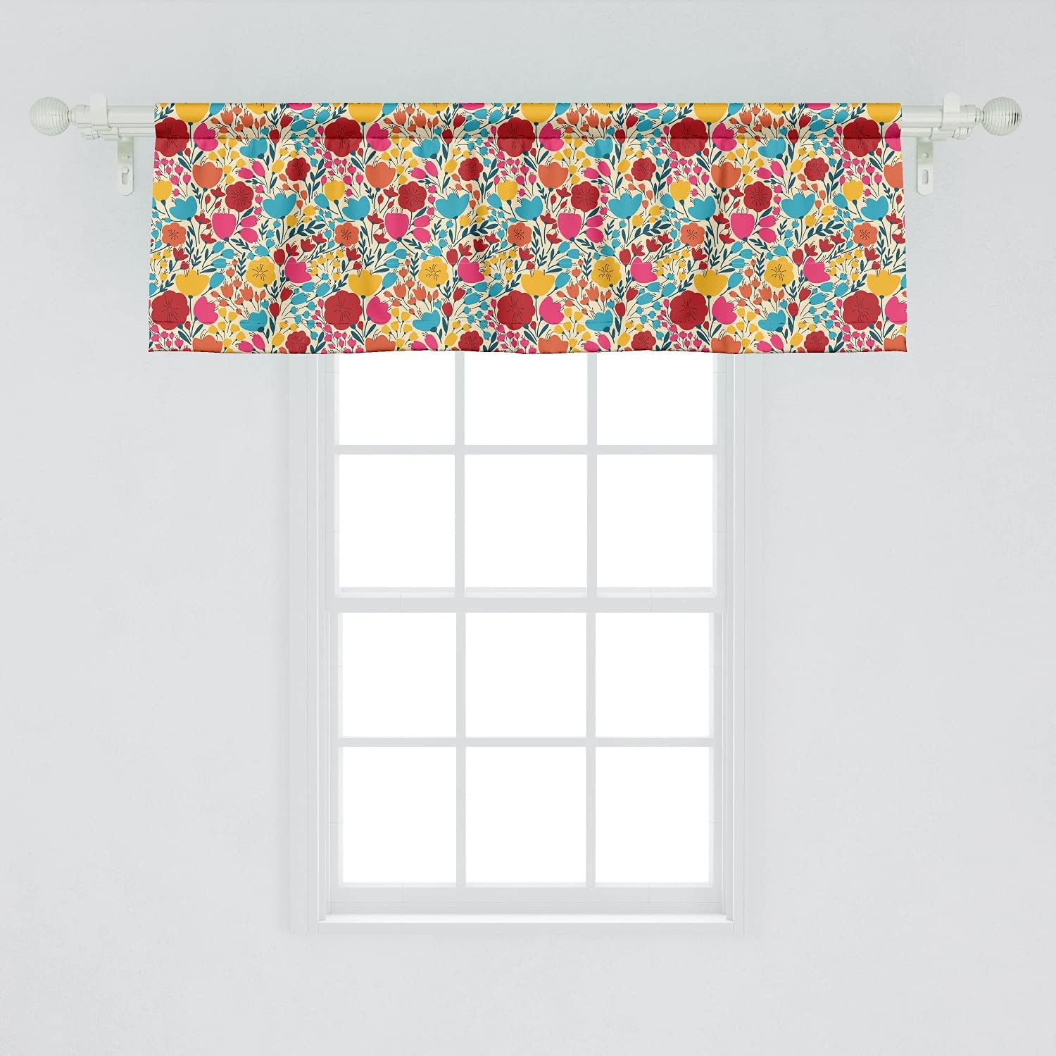 Ambesonne Colorful Window Valance Pack of 2, Silhouettes of Flowers in Lively Colors Garden Art Inspired by Spring Nature, Rod Pocket Curtain Valances for Kitchen Bedroom, 54" X 18", Red Aqua