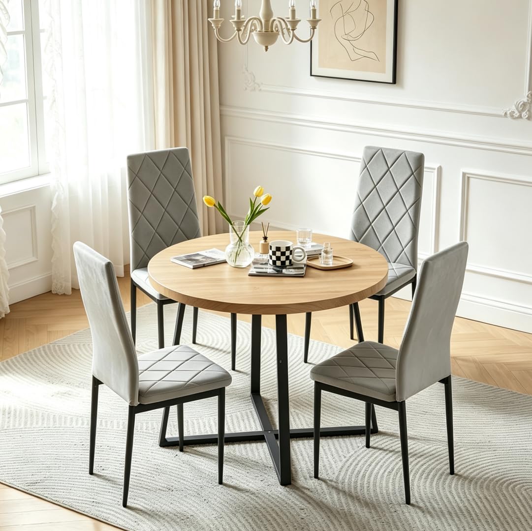 Menaka Round Dining Table and Chairs Set of 4 for Kitchen Diner, 5 Pieces Oak Wood Table with 4 Chairs for Compact Dinette Restaurant (4 Argyle Grid Grey Velvet Chairs#2, 95cm Oak Table)