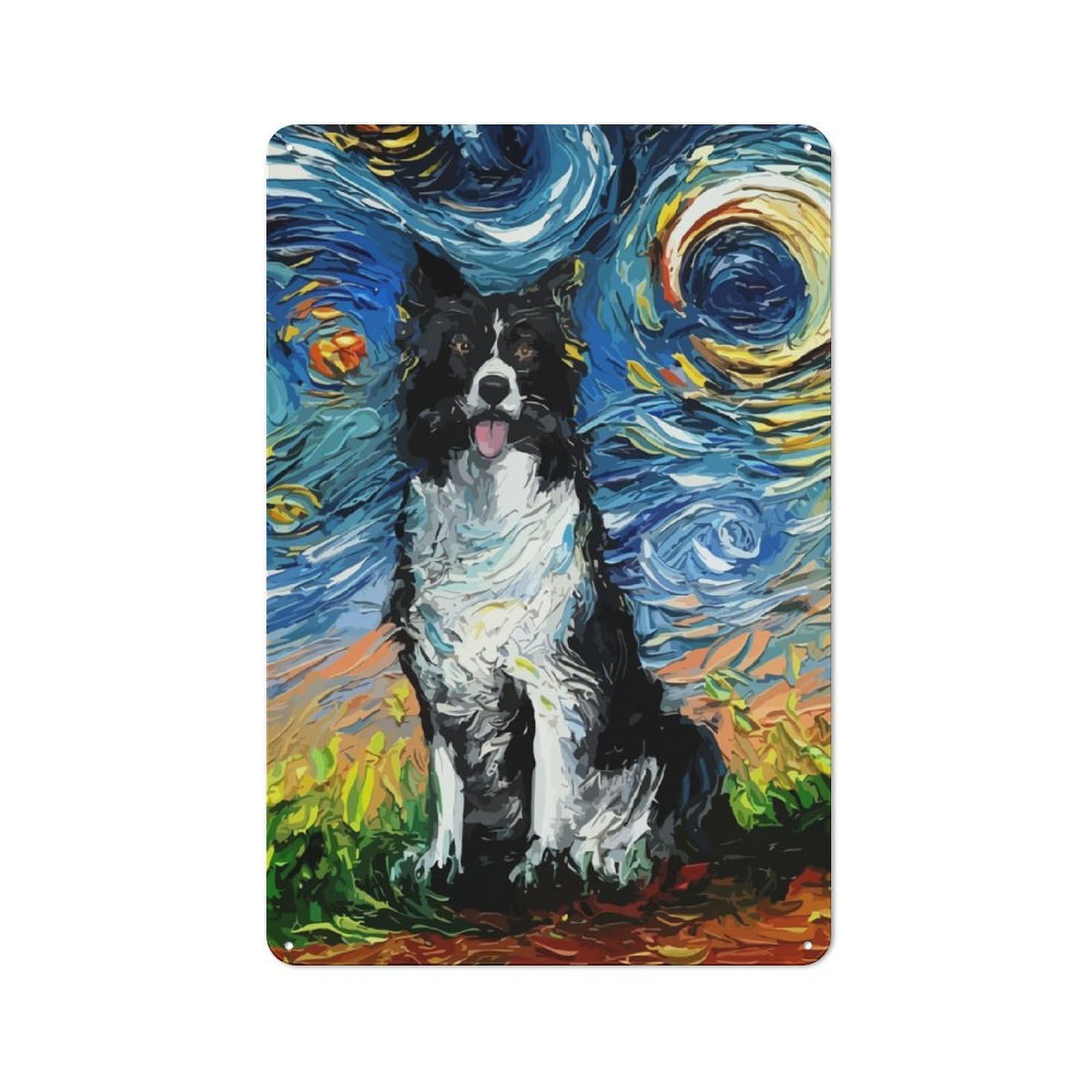 Junmoney Starry Night Border Collie Rustic Metal Sign 30X20cm For Café Or Home Bar, Suited To Home Bar Enthusiasts, For Retro Home Interiors