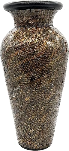 Zorigs Jarrón de piso de 18 x 9 Cilindro alto hecho de terracota decorado con piezas de mosaico de vidrio verde oliva, negro y marrón, exquisita
