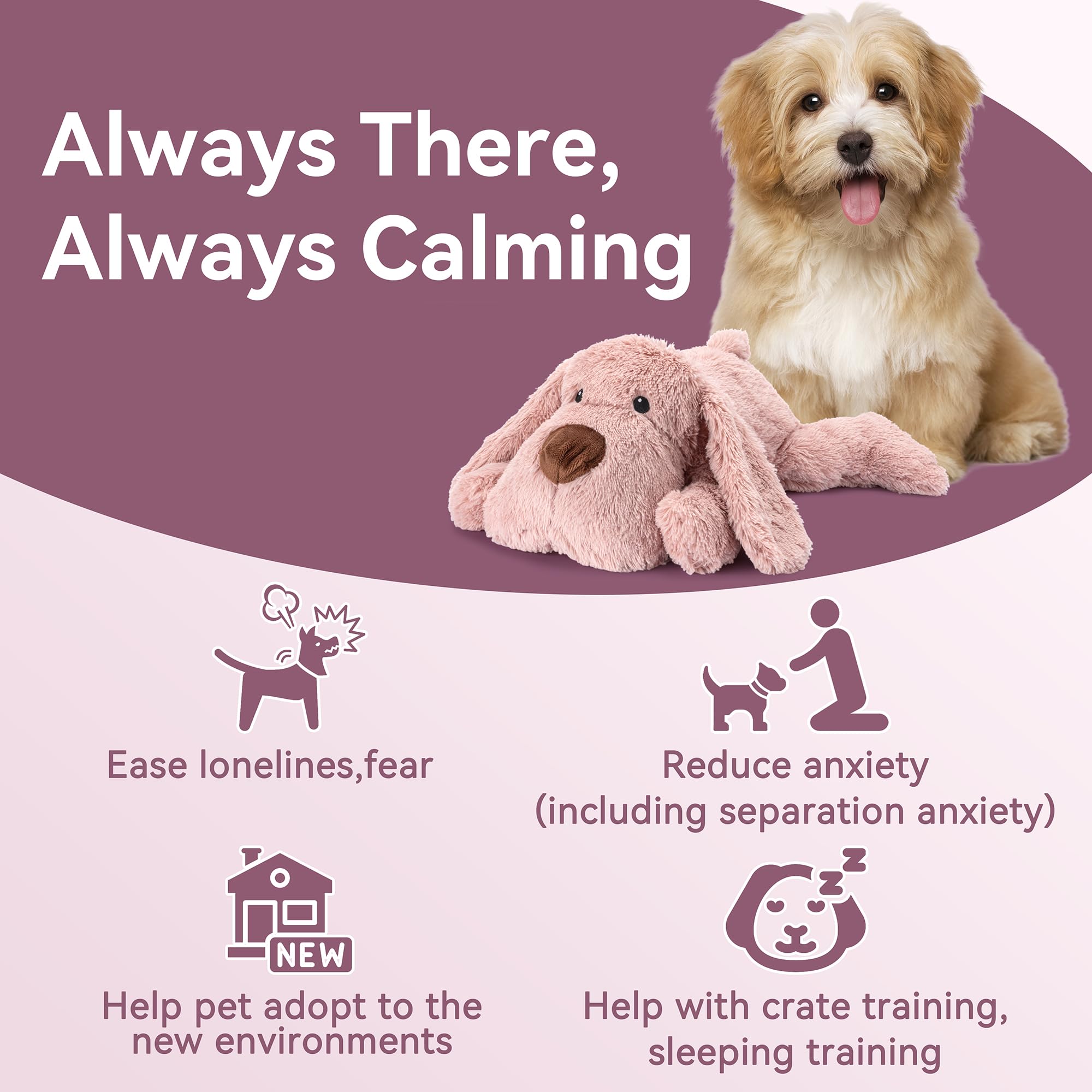 Moropaky Heartbeat Jouet pour chien pour soulager l'anxiété et apaiser les battements de cœur – Jouet en peluche pour soulager l'anxiété et aider à dormir – Rose