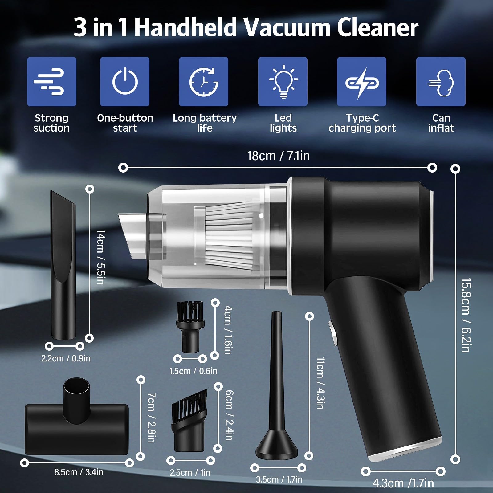 Aspirateur à Main Sans Fil, 16000Pa Aspirateur Voiture Puissant, Aspirateur 4 en 1 Rechargeable, 200W Aspirateur De Voiture Puissant pour Maison Voiture Bureau Table Canapé Moteur Ordinateur (Noir
