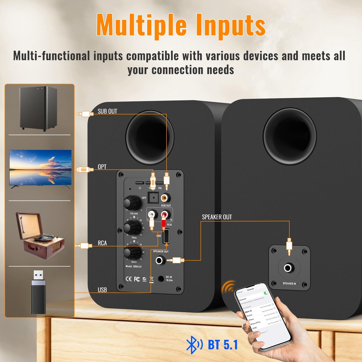 BESTISAN Bluetooth Bookshelf Speakers, Powered Computer Speakers with 4 Inch Woofer, TV Speakers with Optical/RCA/USB/Sub Out for PC and Turntable - Image 3