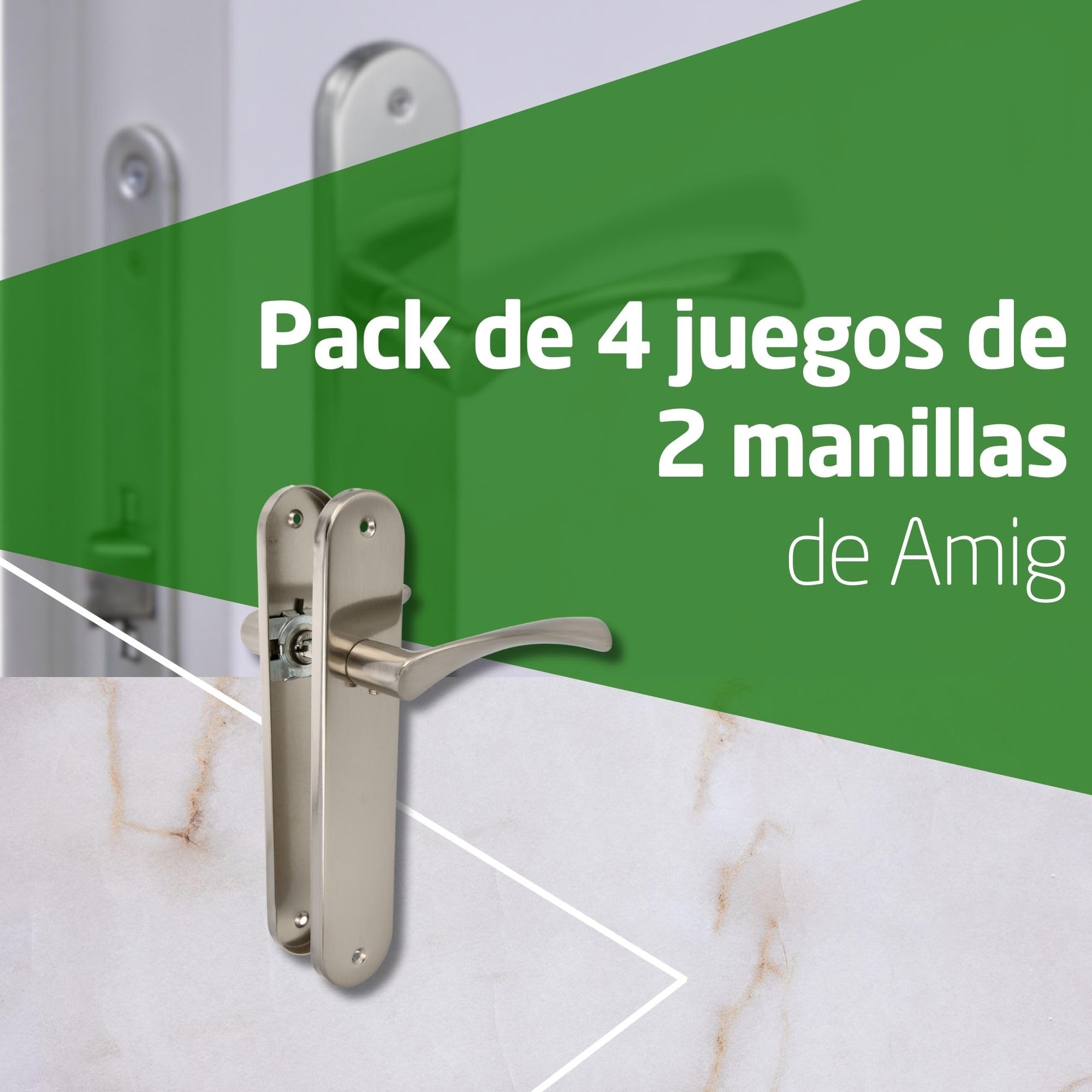 Amig – Juego de 4 manillas para puertas con placa de acero – Modelo ISHI PB – 240 x 45 mm – Cuadradillo de 8 mm – Diseño elegante y sencillo – Sin bocallave – Níquel-aluminio cepillado