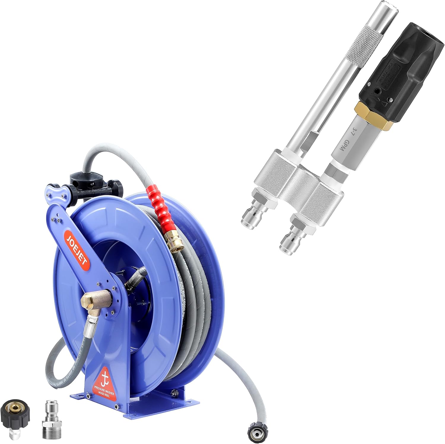 JOEJET Auto Retractable Pressure Washer Hose Reel with Hose, Shooter Tip M5 Twist Nozzle