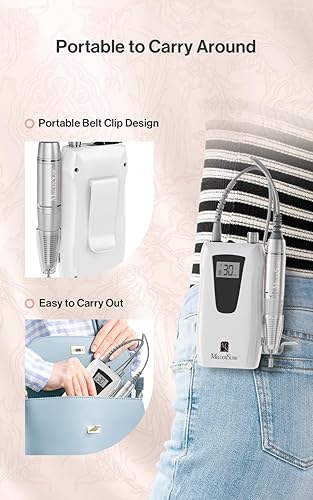 Miniatura 6 de MelodySusie Taladro de uñas profesional de 30000 RPM, SC320D recargable, lima E inalámbrica para uñas de gel acrílico, 8 brocas de uñas, 106 bandas