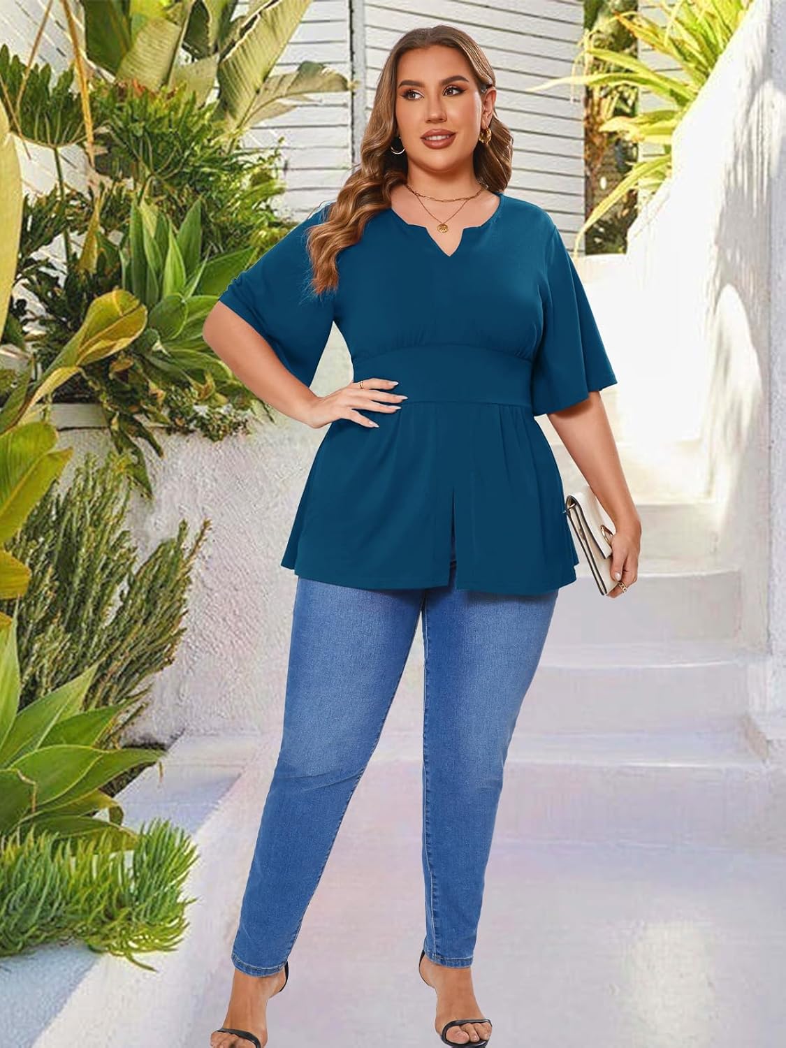 Beauhuty Women's Plus Size Shirts V Neck Loose Tops Ruffle Short Sleeve Blouse Casual Work Trendy Dressy Slit Hem Tunic - Image 6