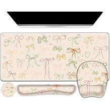 Apricot Mouse Pad with Wrist Support 4 in1 Set, XXL Big Game Mousepad + Keyboard Wrist Rest + Mouse Wrist Rest Pad +Coaster Gaming Mat for Home Office Work Computer I Colorful Cute Girls Bow