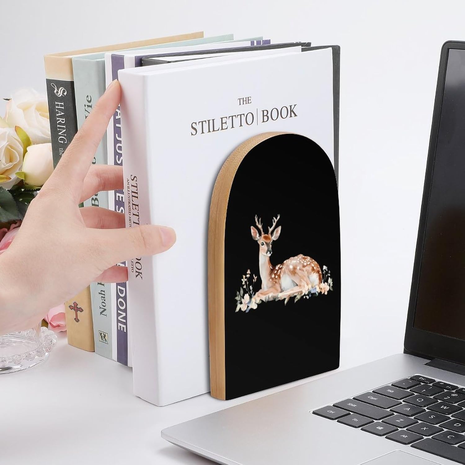 Watercolor Deer Cute Wood Book Ends Decorative Bookends 1 Pair Non-Skid for Shelves Home Office 7 X 5 Inch