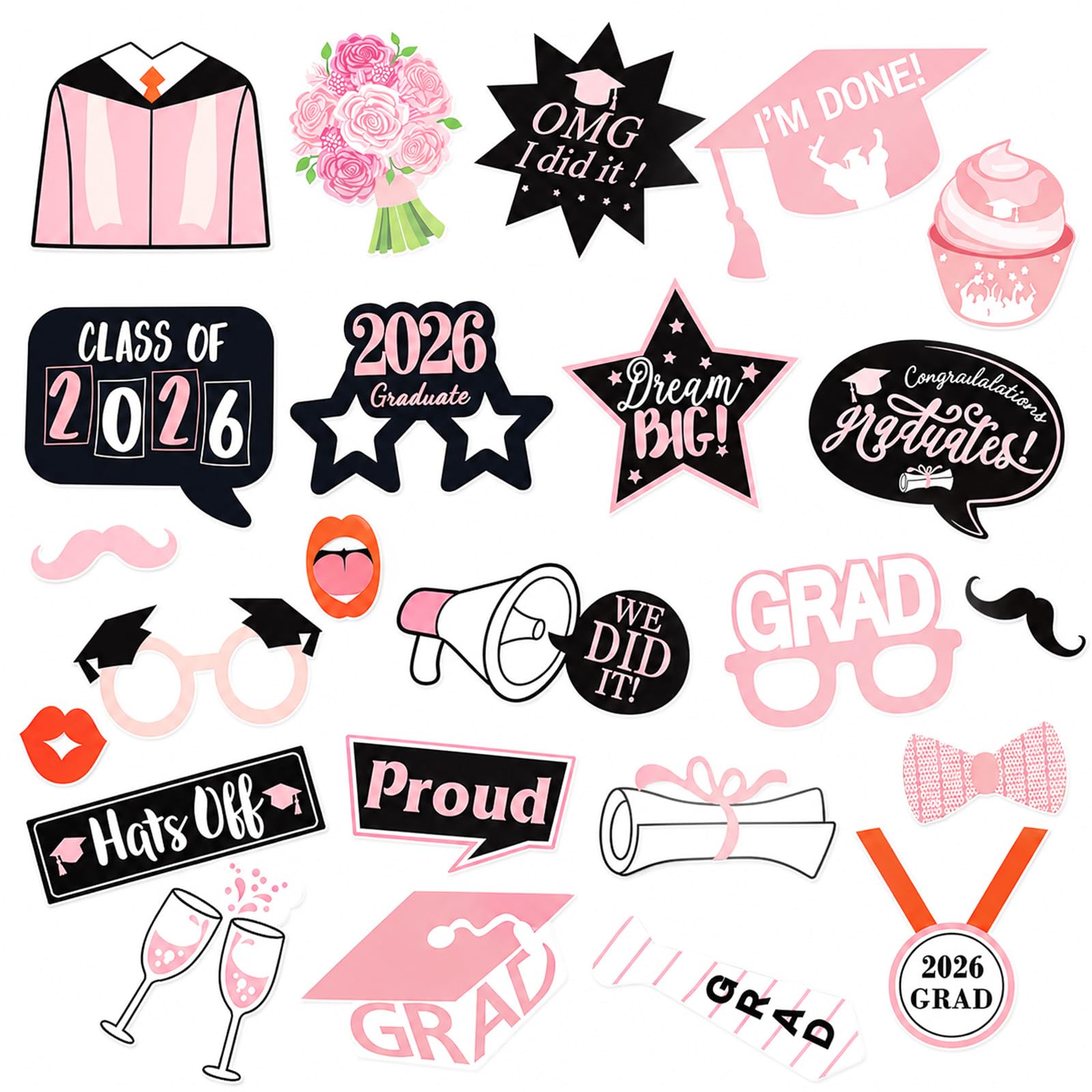 Yunvisty Pink 24Pcs Graduation Photo Booth Props Set Graduation Decorations Class Of 2026 Prom Photo Props Party Favors Supplies Cute Party Decor Selfie Supplies For High School University Graduatates