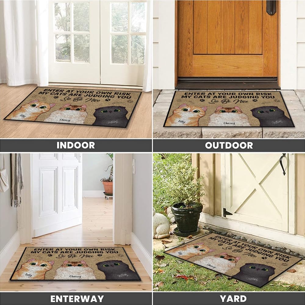 Personalized Cat Doormat, Gift for Cat Lover, My Cats are Judging You, Indoor Outdoor Entrance Doormat, Custom Name and Breed Mat, Front Door Mat for Entry